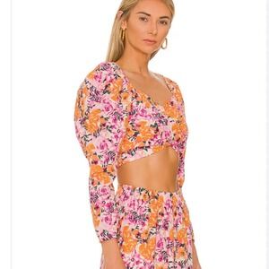 Something Navy Pink Orange Floral Puff Sleeve Crop Top XS